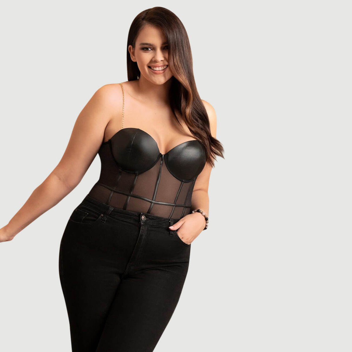 Plus Size Sexy Κορμάκι One Piece Metal Strap See Through Underwire Bodysuit - Μαύρο by Sexopolis