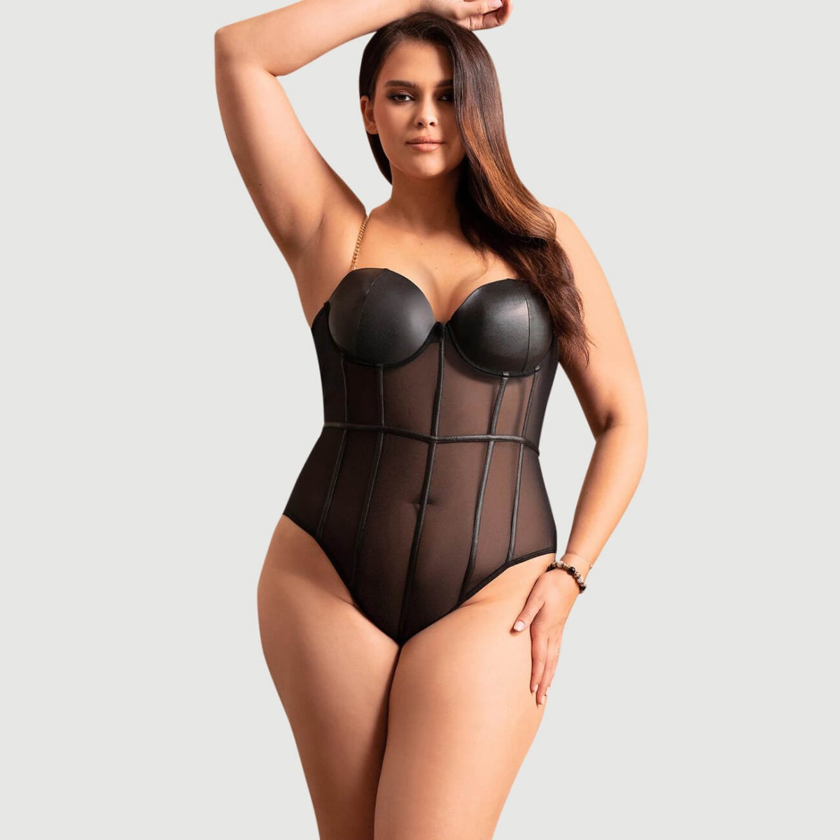 Plus Size Sexy Κορμάκι One Piece Metal Strap See Through Underwire Bodysuit - Μαύρο by Sexopolis