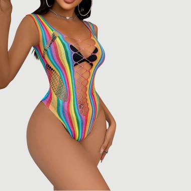 Σέξι Δίχτυ Με Ιριδίζον Χρώμα Bodystocking Sexy Mesh Rainbow Hollow Out Bodysuit - Πολύχρωμο