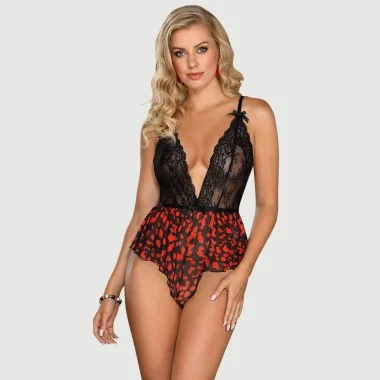 Σέξυ Κορμάκι Με Δαντέλα & Σχέδιο Λουλουδιών Fashion Sexy Lace Floral Print Plunge Neck Teddy - Μαύρο/Κόκκινο