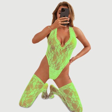 Sexy Κορμάκι με Κάλτσες Halter V Neckline Lace Teddy With Stockings - Πράσινο