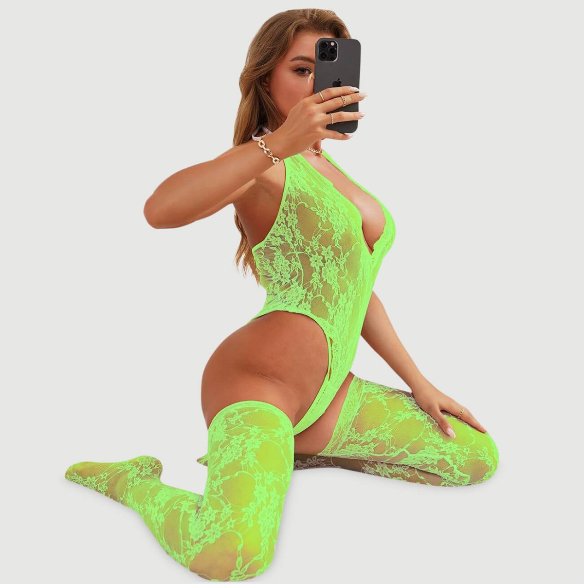 Sexy Κορμάκι με Κάλτσες Halter V Neckline Lace Teddy With Stockings - Πράσινο by Sexopolis