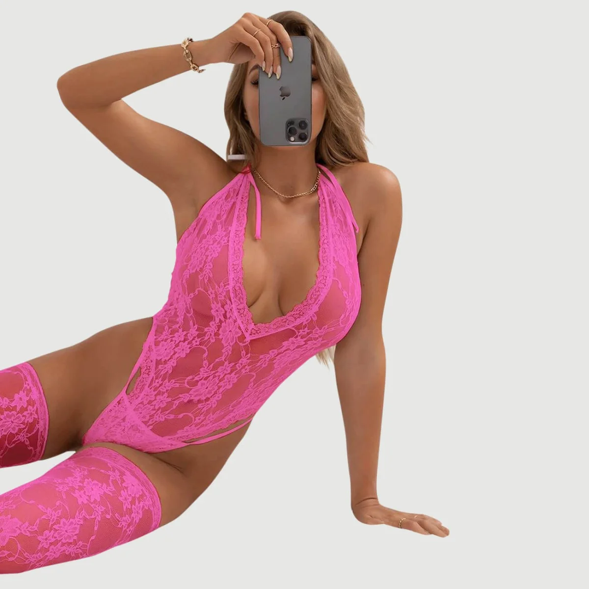 Sexy Κορμάκι με Κάλτσες Halter V Neckline Lace Teddy With Stockings - Ροζ by Sexopolis