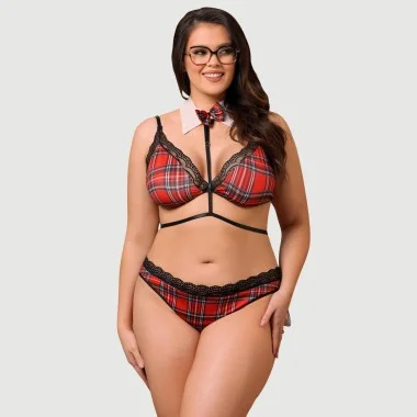 Plus Size Σέξι Καρό Σετ Σουτιέν Κολεγιακού Στυλ Με Στολή Cosplay - Κόκκινο
