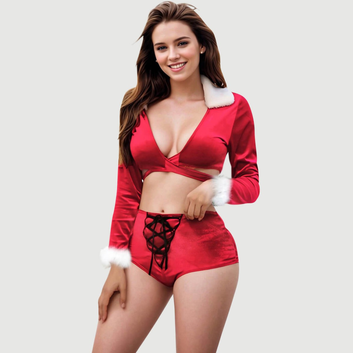 Plus Size Σέξι Μακρυμάνικη Χριστουγεννιάτικη Στολή Sexy Long Sleeved Tie Up 2 Piece Christmas Suit – Κόκκινο by Sexopolis