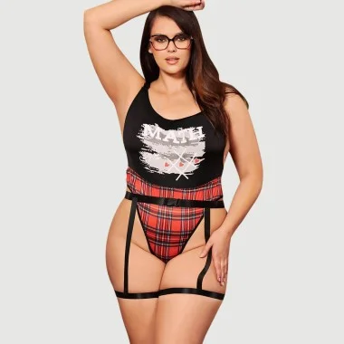 Plus Size Στολή Μαθήτριας Double Shoulder Straps Red Plaid Bodysuit School Girl Costume