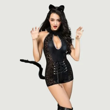 Cat Woman Sexy Costume with Tail & Ears - Black