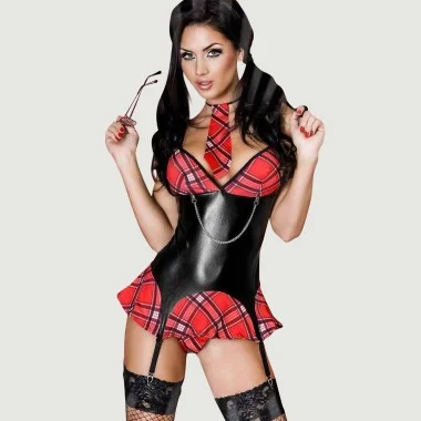 3195 Sexy Schoolgirl Costume with Garters - Red