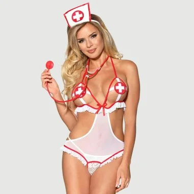 Sexy Nurse Crotchless Costume Teddy Lingerie