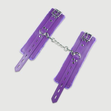 Δερμάτινες Χειροπέδες Με Γούνινη Επένδυση & Αλυσίδα Adjustable Leather Cuff Set With Furry Lining & Chain - Μωβ