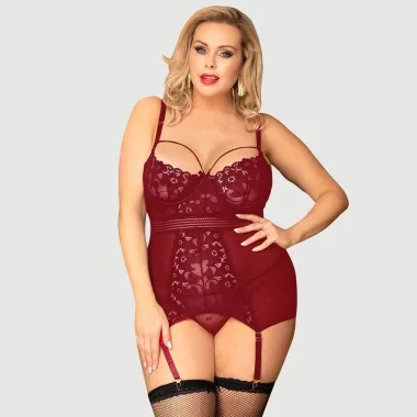 Plus Size Babydoll Με Ζαρτιέρες Μπανέλα & Δίχτυ Garter Babydoll With Underwire Mesh Stitching Dark Red Lace - Κόκκινο