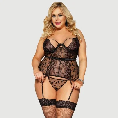 Plus Size Δαντελωτό Κορμάκι Με Ζαρτιέρες & Μπανέλα Flocking Lace Garter Teddy With Underwire - Μαύρο