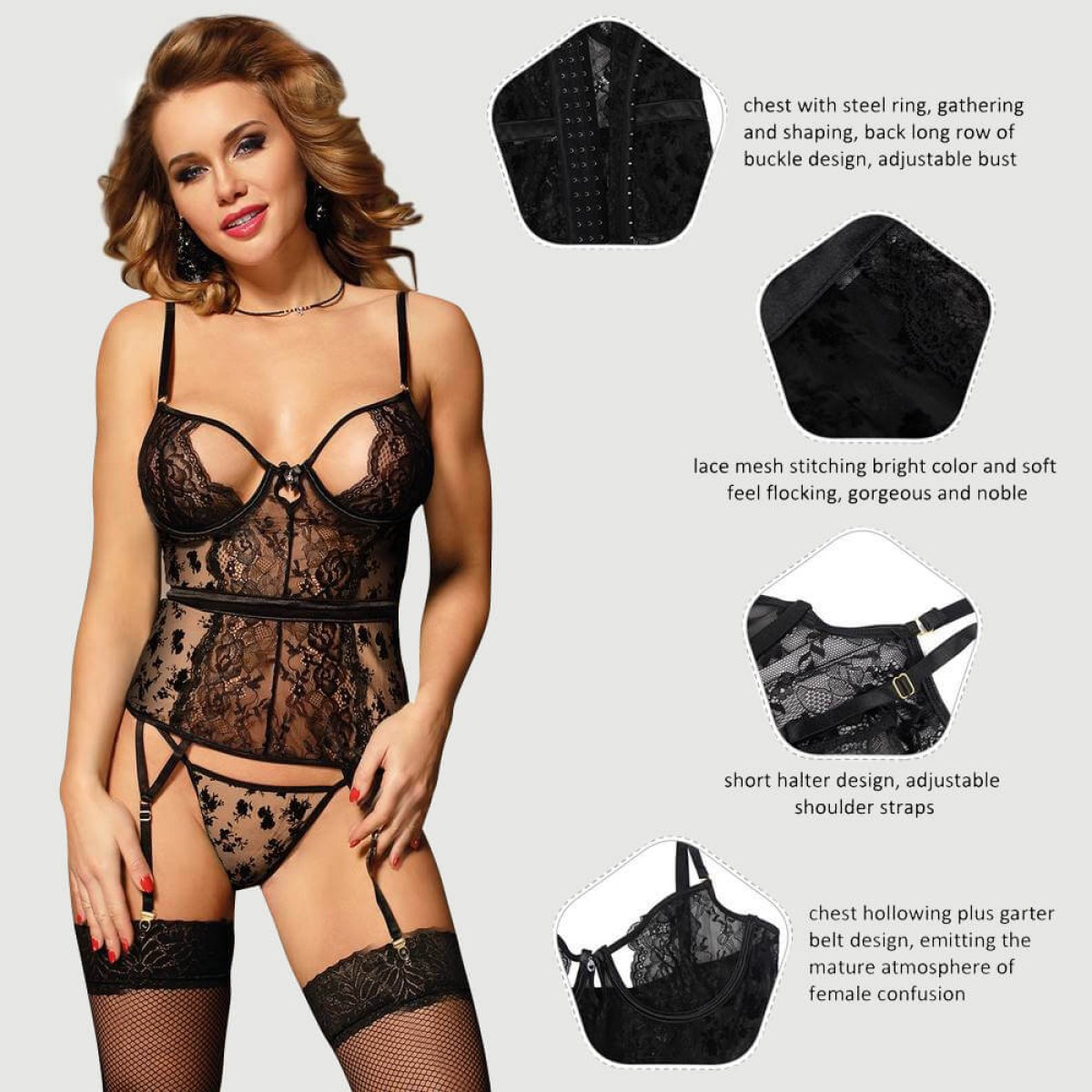 Plus Size Δαντελωτό Κορμάκι Με Ζαρτιέρες & Μπανέλα Flocking Lace Garter Teddy With Underwire - Μαύρο by Sexopolis
