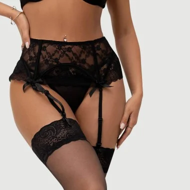 Plus Size Σέξι Δαντελωτό Σλιπ Με Ζαρτιέρες Lace Garter Panty - Μαύρο