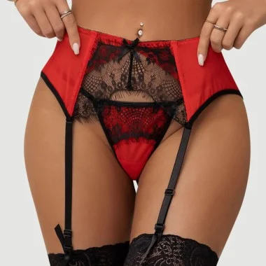 Plus Size Ζώνη Ζαρτιέρας με Δαντέλα Sexy Transparent Lace Garter Panty - Κόκκινη