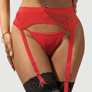 G String Με Μεταλλικά Κουμπιά & Ζαρτιέρες Lace Metal Button G String Panties With Garter Belt - Κόκκινο